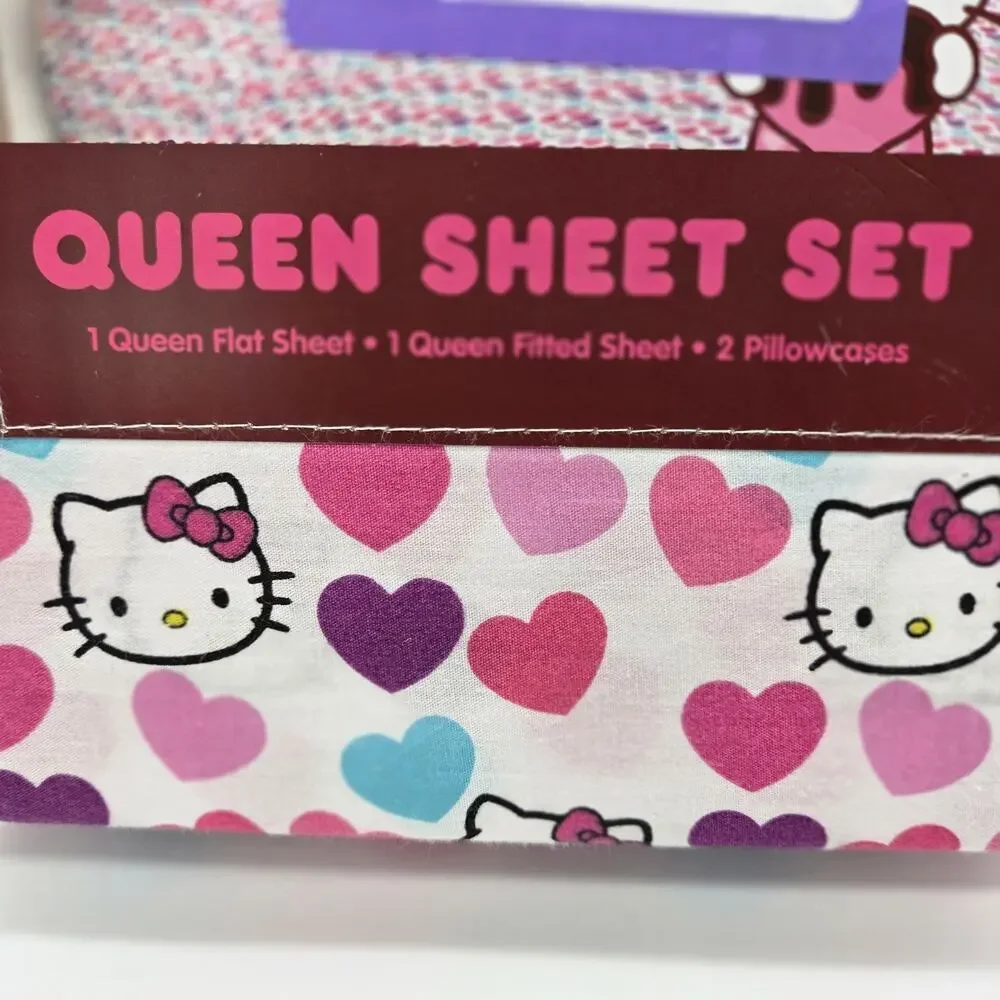 NEW Hello Kitty Multicolored Hearts Queen Sheet Set 100% Cotton 4pc Set LOVE